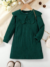 Young Girl Casual Striped Long Sleeve Round Neck Ruffle Trim A-Line Knit Dress, For Daily Wear, Home, Outdoor, Spring/Autumn